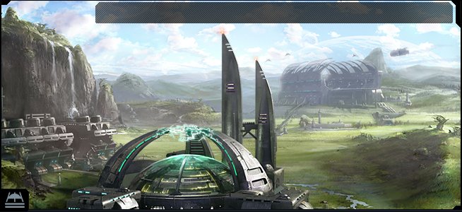 A developed colony with industrial structures rising over a frontier world.